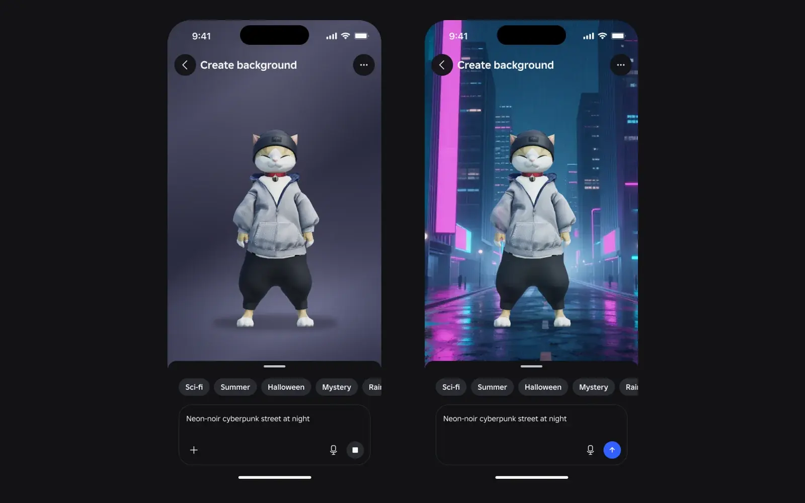 Typing “Neon-noir cyberpunk street at night” and getting it as the background behind an avatar.