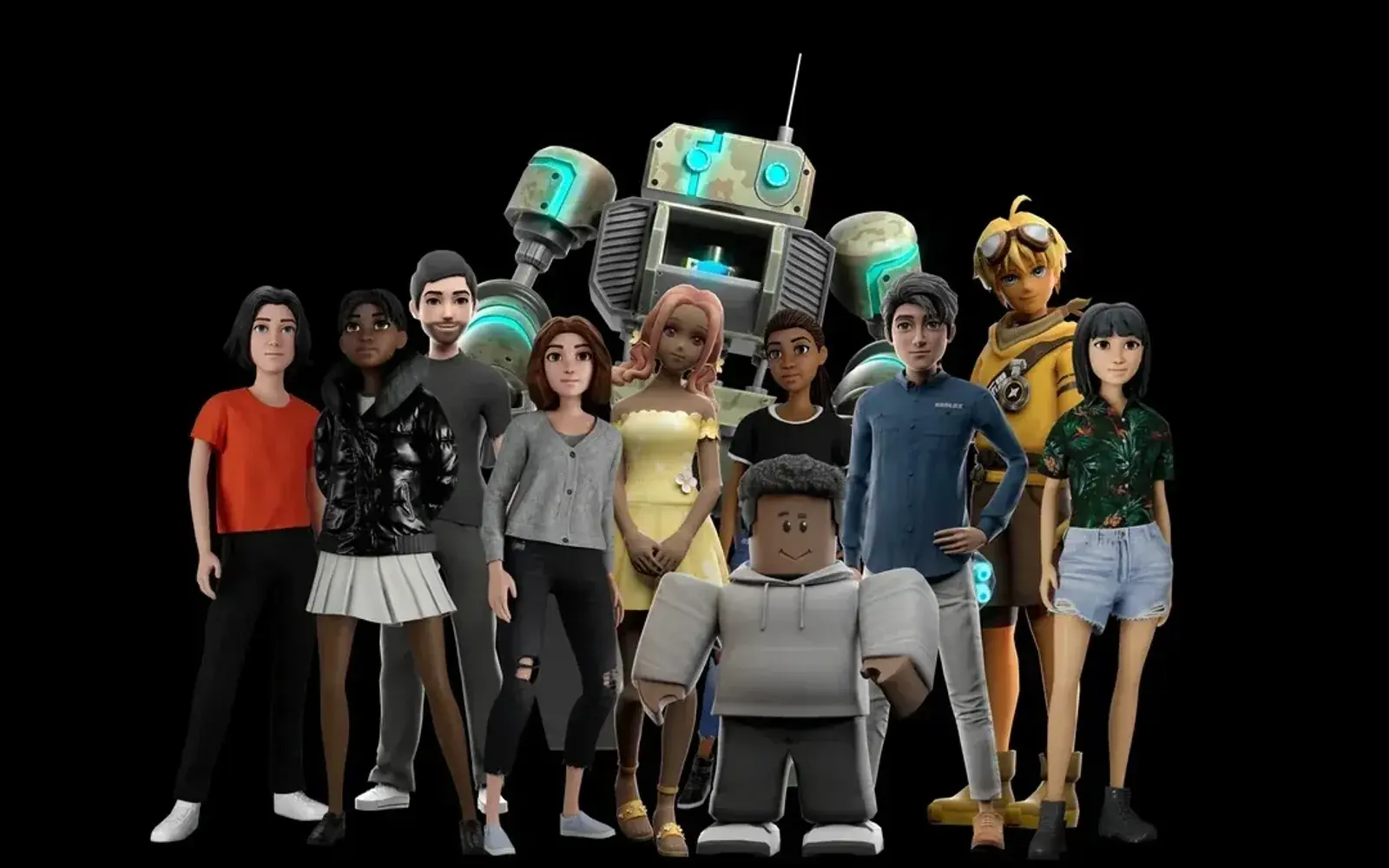 A lineup of a dozen different avatar bodies, from realistic people to a robot.