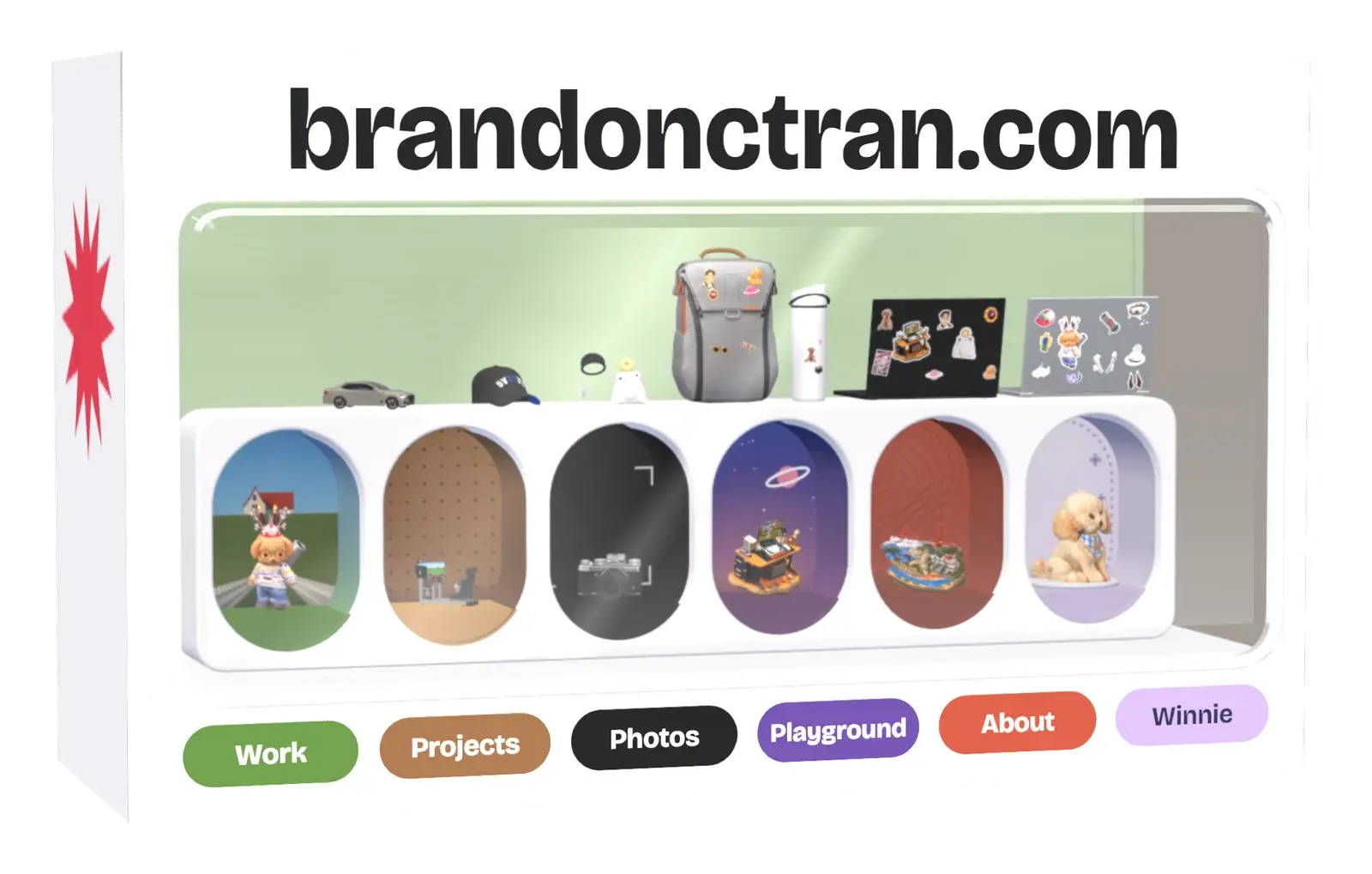 This site's box, as a model kit's comes: brandonctran.com printed across its top, Home's shelf in miniature through its clear window with the six worlds in their rooms and my things on top, Home's green wall behind them, and the worlds' names in coloured labels along its foot.