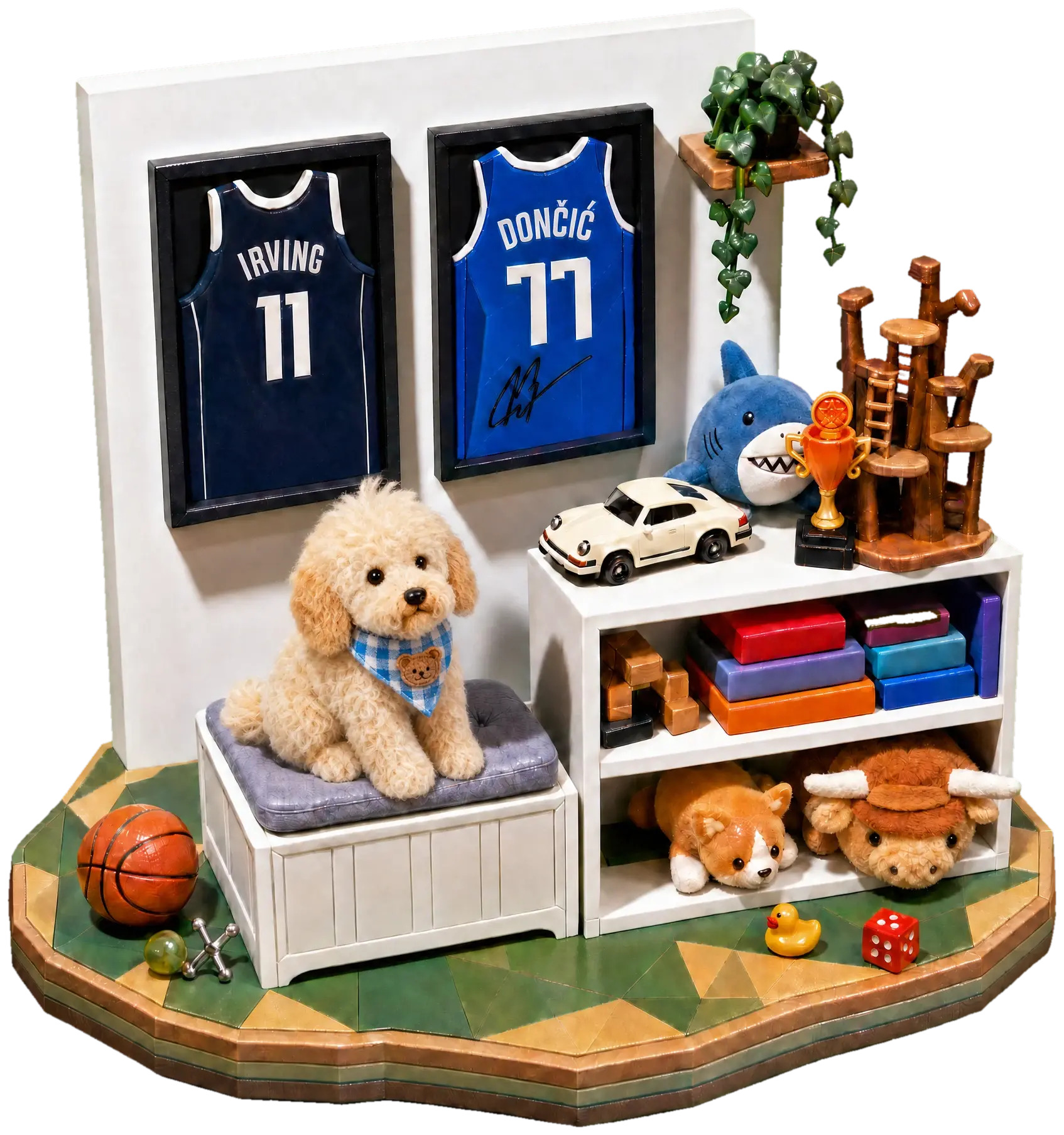 A toy model of the sports corner of my room: my framed Kyrie Irving jersey and signed Luka Dončić jersey, a shelf with my LEGO Porsche, a trophy, board games and wooden sculptures, and Winnie on a bench by a basketball.
