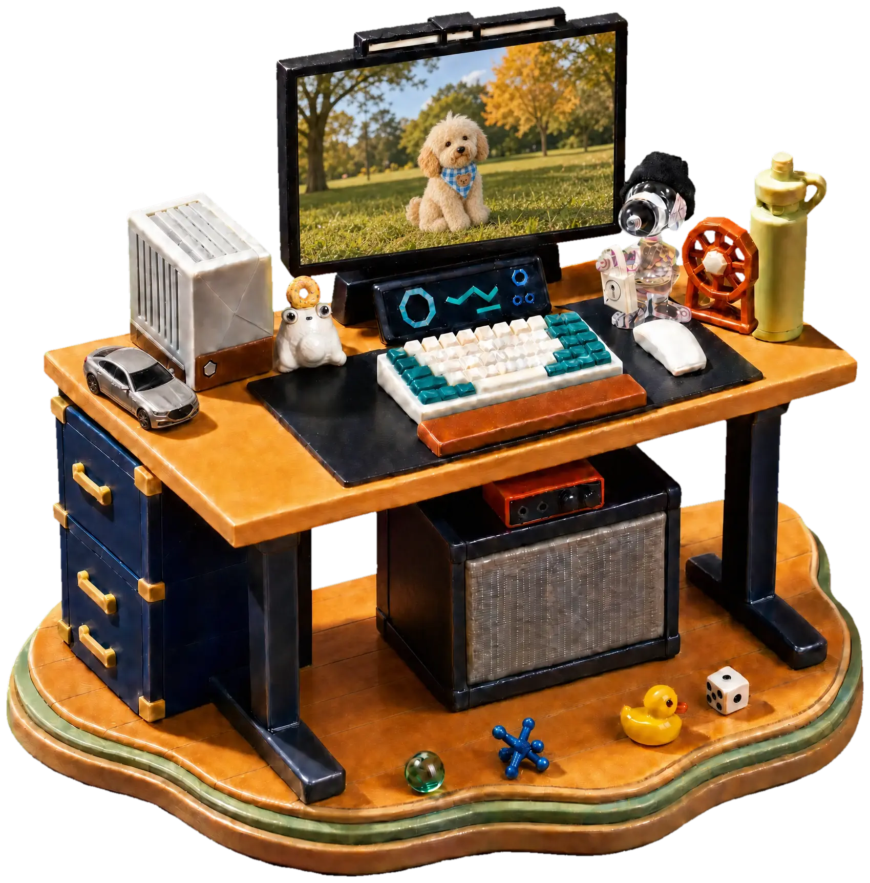 A toy model of my desk: the LG monitor, my Fractal Terra, the keyboard, a tiny G70, the crystal Snoopy and the clay frog, with my Fender FR-12 underneath and a picture of Winnie in a park on the screen.
