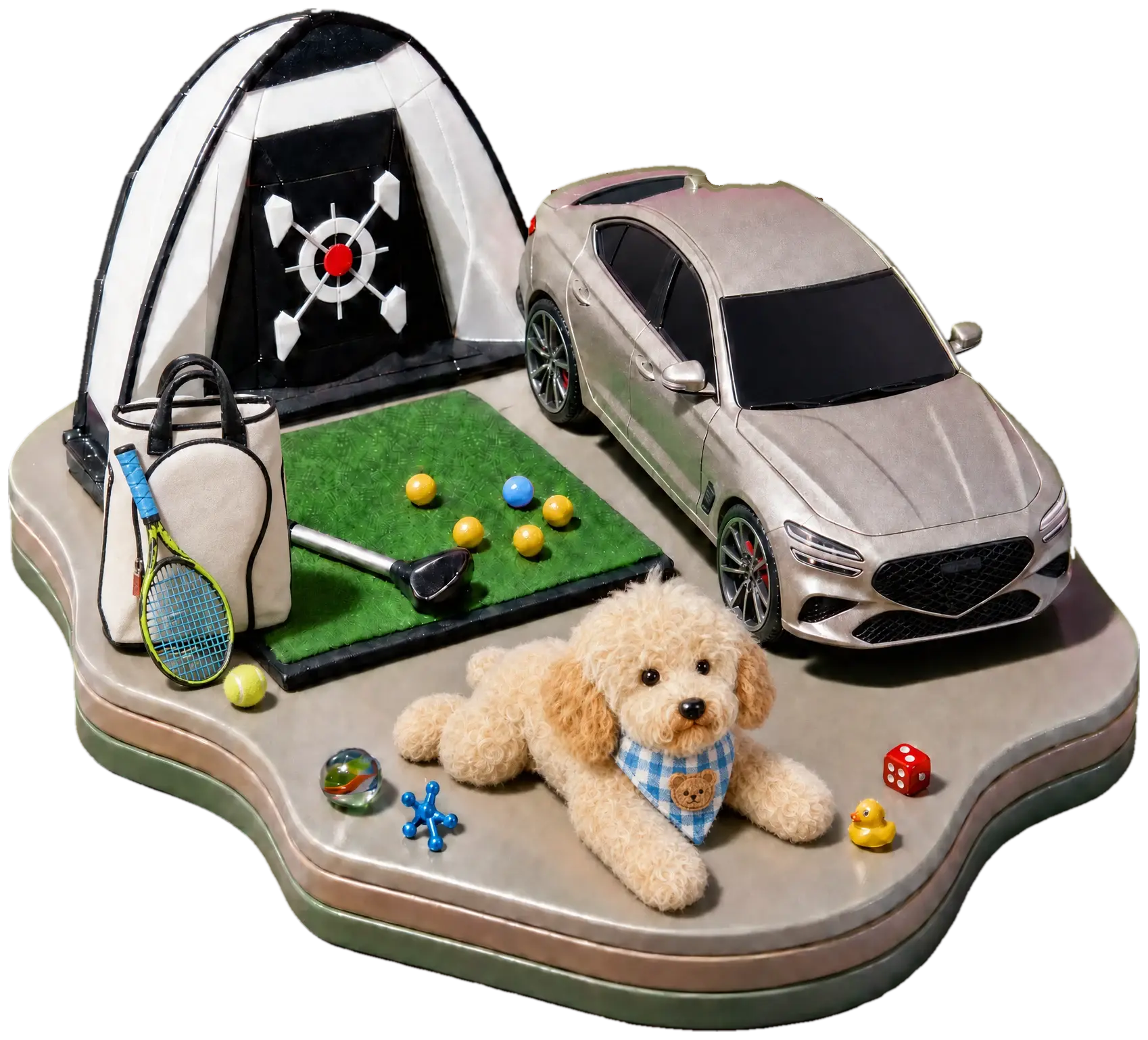 A toy model of my garage: the golf net with its target, my tennis bag and racket, the hitting mat, one blue ball among the yellow ones, my silver Genesis G70 with its red brake calipers, and Winnie lying in front of it.