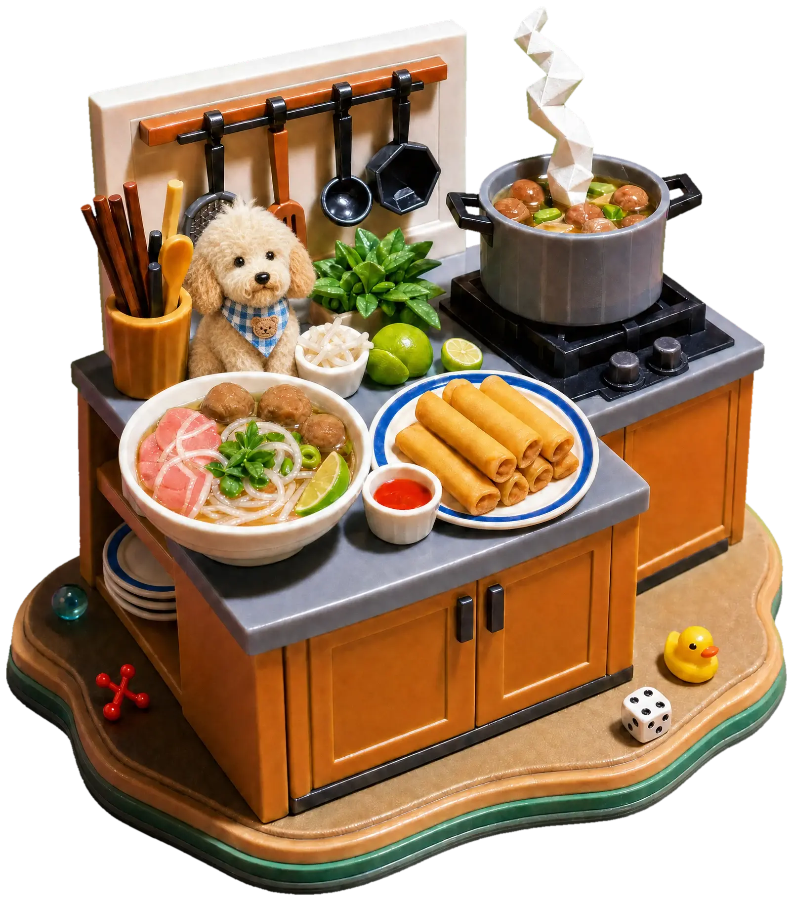 A toy model of my kitchen corner: a pot of phở broth steaming on the stove, a bowl of phở, a plate of spring rolls, herbs and a cut lime, and Winnie peeking out by the utensils.