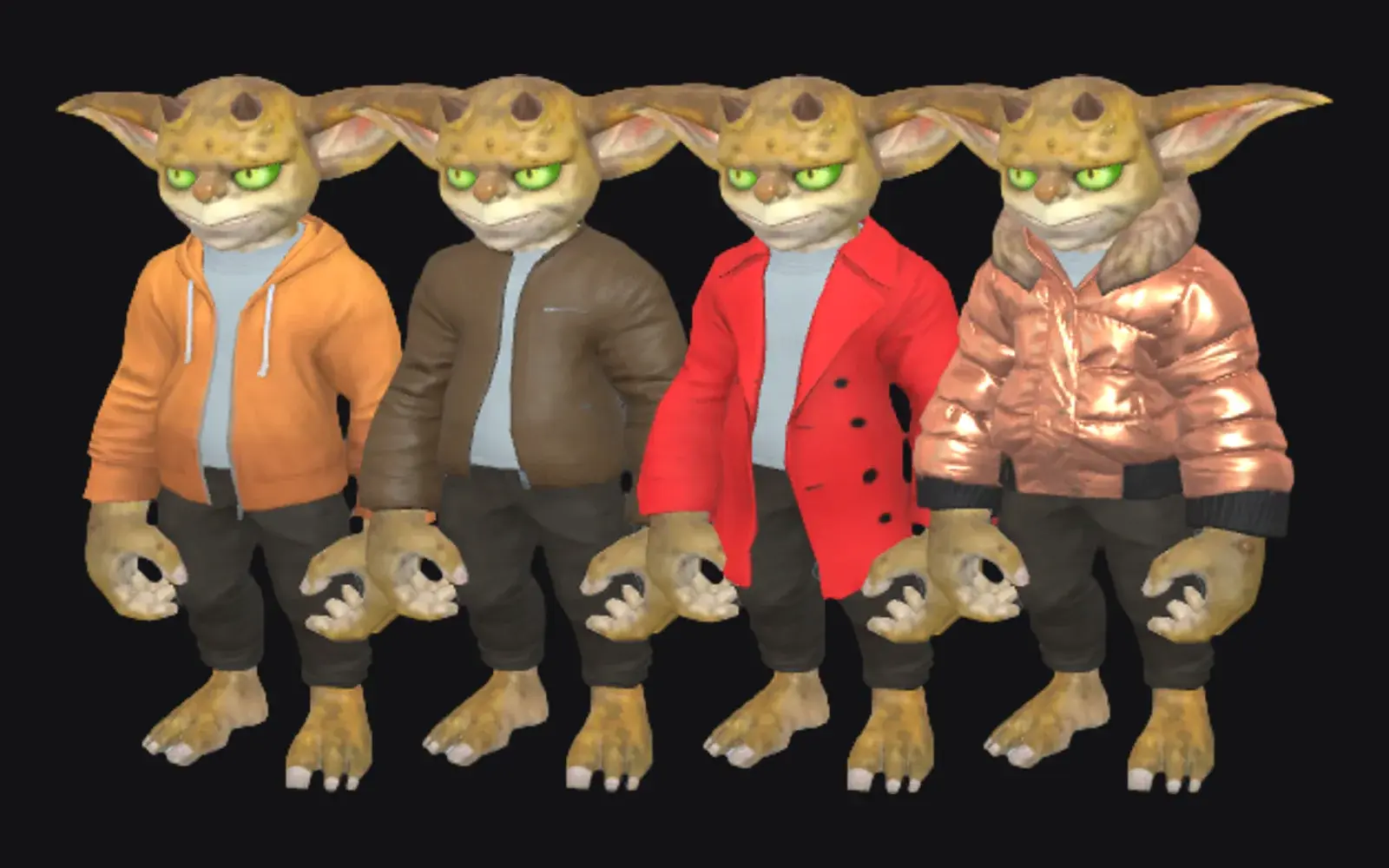 One avatar body in four layered jackets: a hoodie, a bomber, a blazer and a puffer.