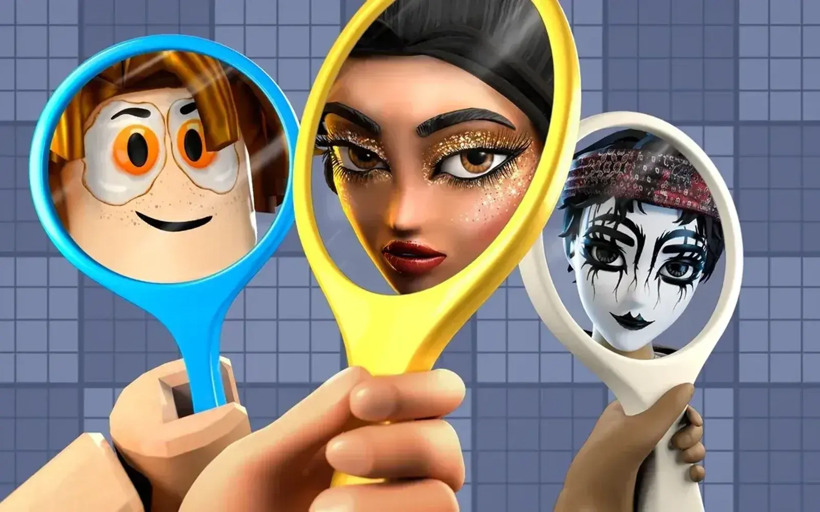 Three avatars checking their makeup in hand mirrors.