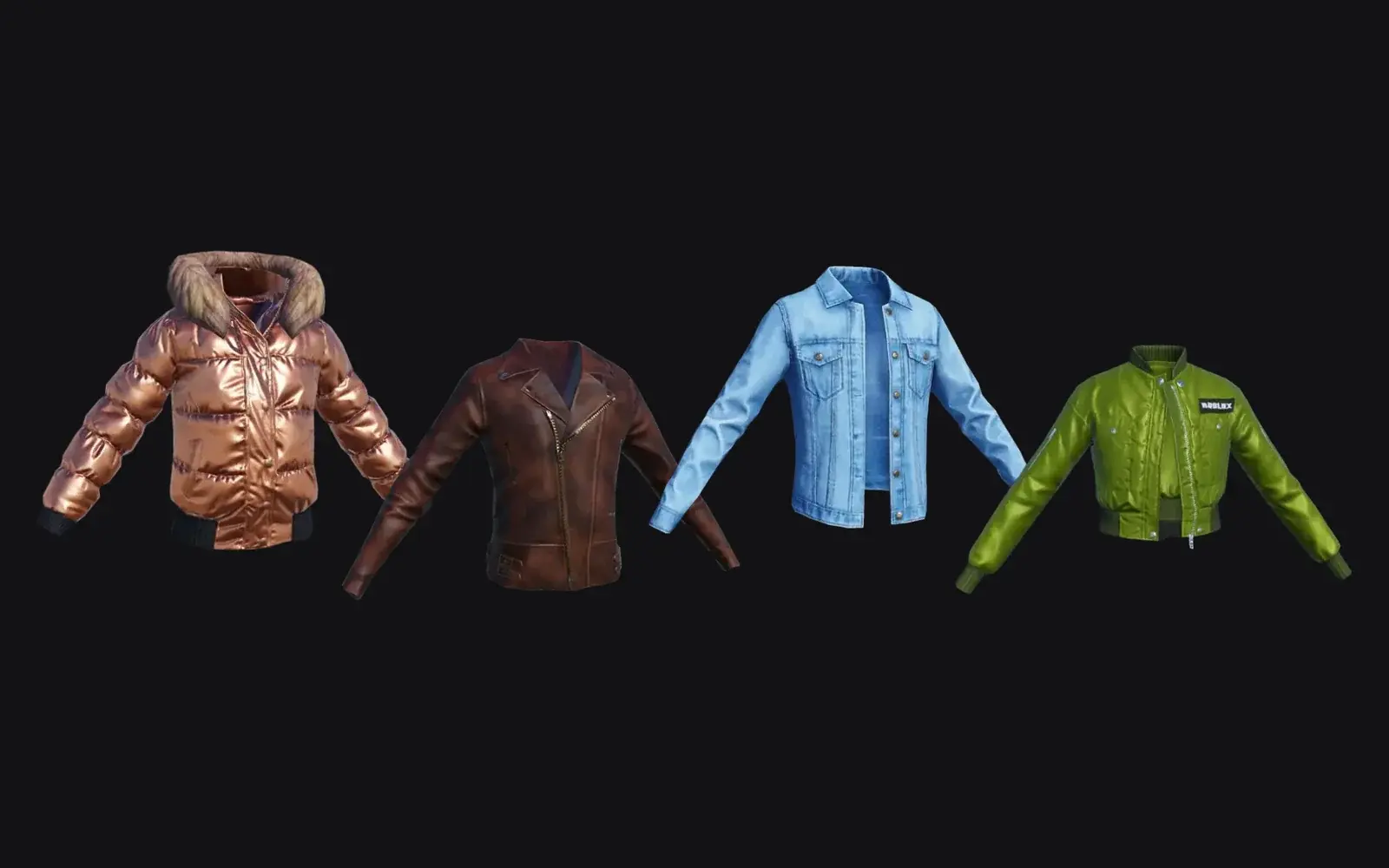 Four jackets in realistic materials: a metallic puffer, worn leather, denim and a glossy bomber.