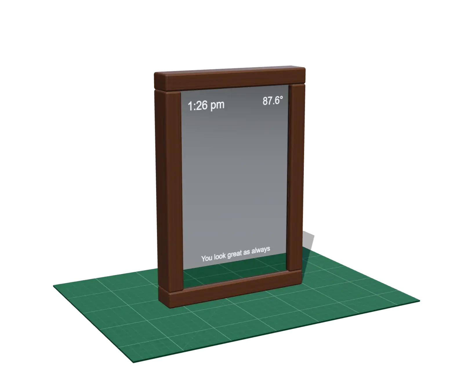 My smart mirror in 3D: a deep frame of dark stained pine round a two-way mirror, the time and the weather at its top and a message at its foot.