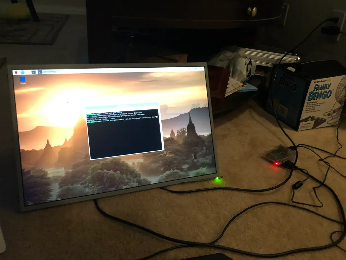 The Raspberry Pi's terminal on the bare monitor.