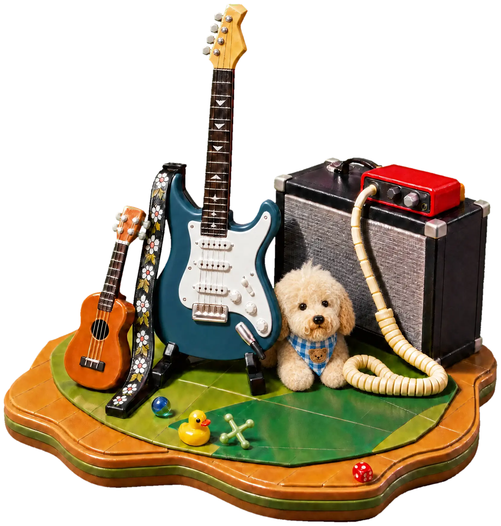 A toy model of my music corner: my PRS Silver Sky on its stand, a ukulele, my Fender FR-12 with a red Focusrite on top, and Winnie tucked in between the guitar and the amp.