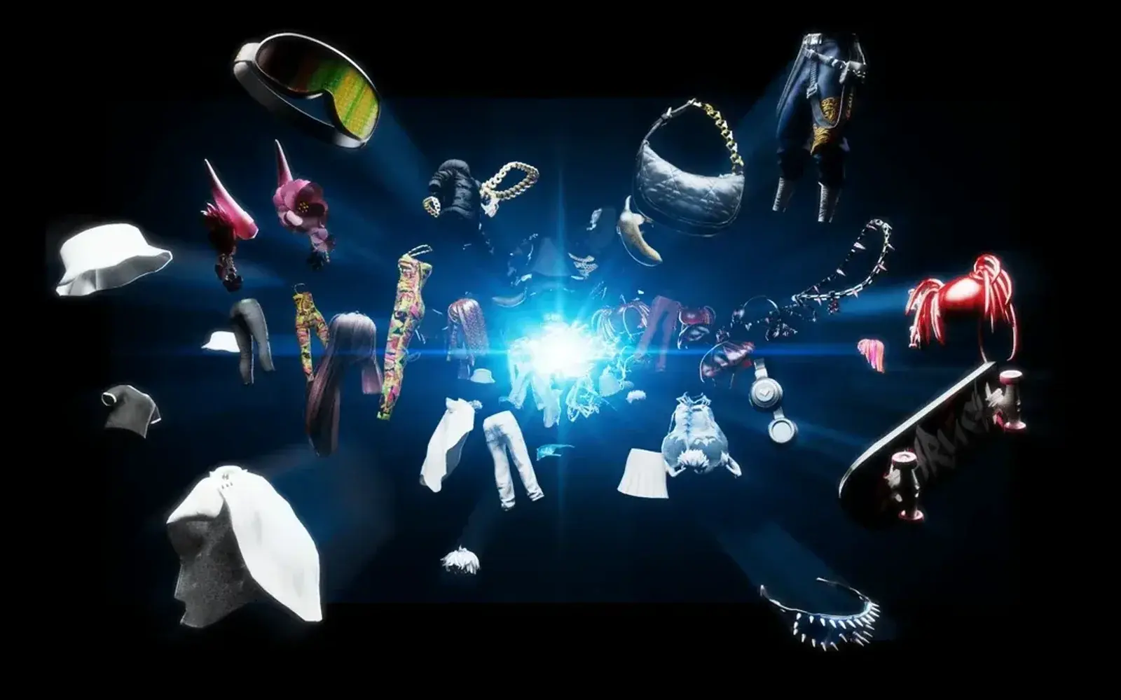 Creator-made items bursting out of a blue light: hats, hair, bags, jewelry, a skateboard.