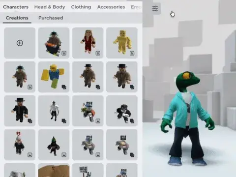 The avatar editor's Creations tab, beside an avatar in a teal jacket.