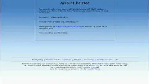 Roblox's Account Deleted page from 2009, my account terminated and the moderator's note reading Deleted per parent request.