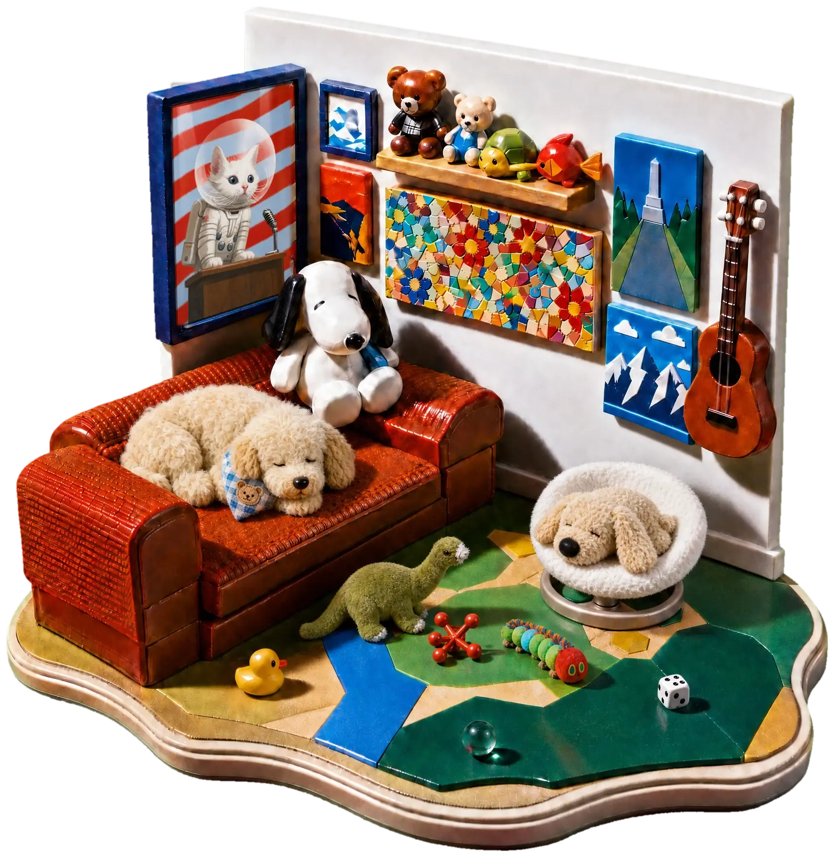 A toy model of my room: Winnie asleep on my corduroy couch next to a big Snoopy, his Snuggle Puppy in his seashell chair, his dinosaur and caterpillar on the rug, and my gallery wall with a little guitar.