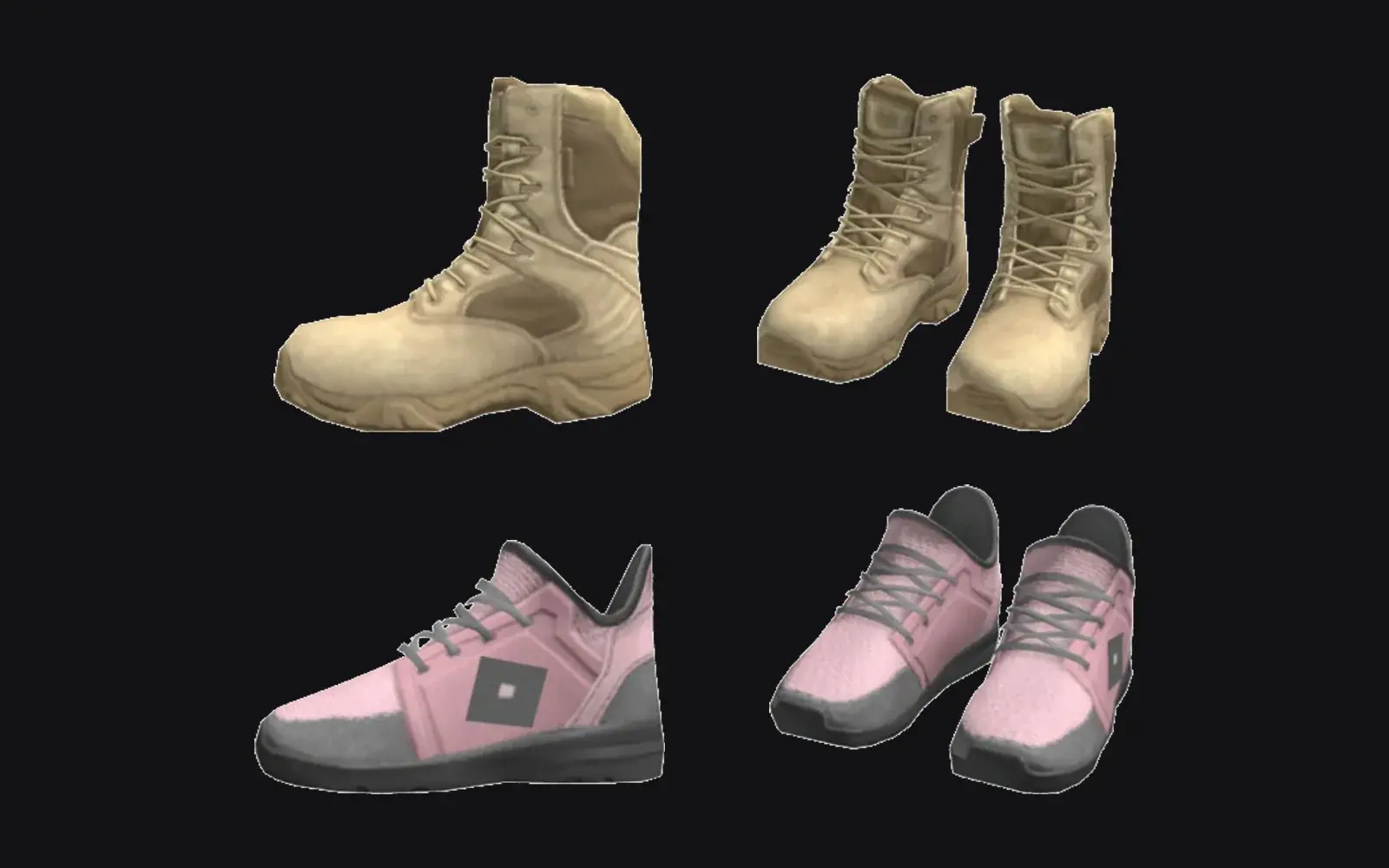 Creator-made boots and sneakers, each shown as one shoe and then as the pair you wear.