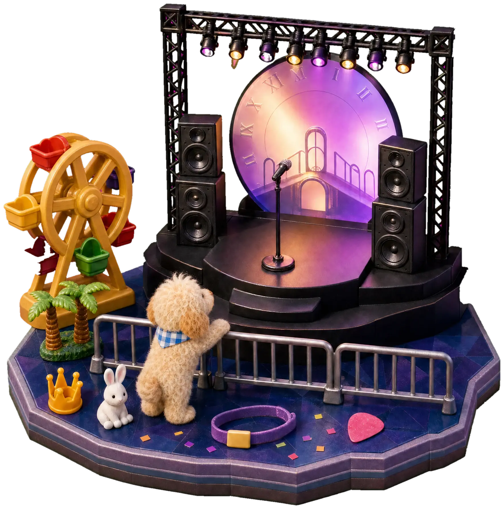A toy model of a concert stage: a clock-face screen under a lighting truss, speakers and a microphone, a little Ferris wheel and palm trees, and Winnie with his paws up on the barricade, with a crown, a bunny, a wristband and a guitar pick at his feet.