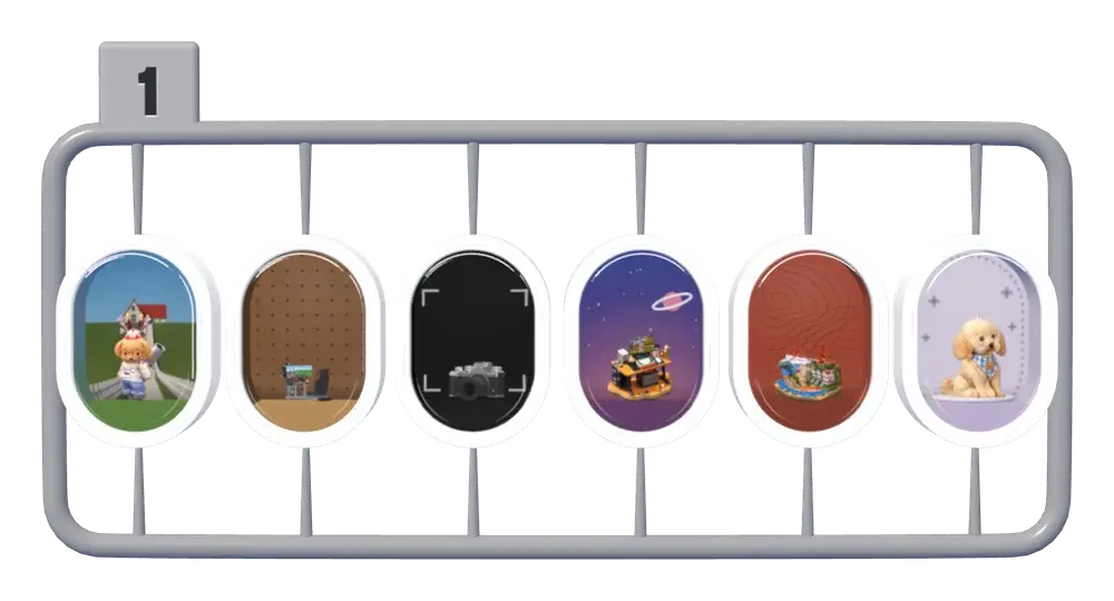 The first frame of parts, in grey plastic: Home's six rooms in a row, each world's toy in its room under a clear capsule.