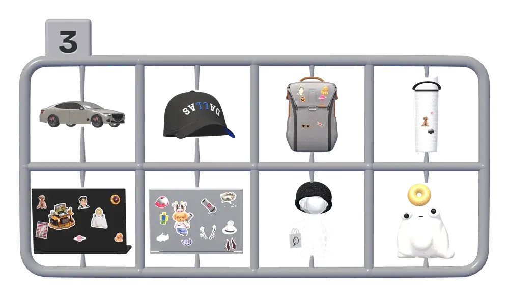 The third frame: my G70, my Luka cap, my backpack, my Owala, my ProArt and work's MacBook, the crystal Snoopy and the clay frog.