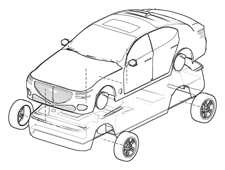 A pencil drawing of the G70 taken apart: its shell lifted off the cabin, its wheels pulled out to its sides, dashed lines back to where they go.