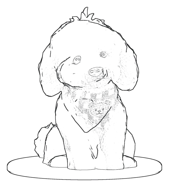 A pencil drawing of Winnie's toy sitting on his round base, his curls and his bandana drawn in.