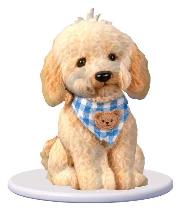 Winnie as a toy, sitting on his round base in his bandana.