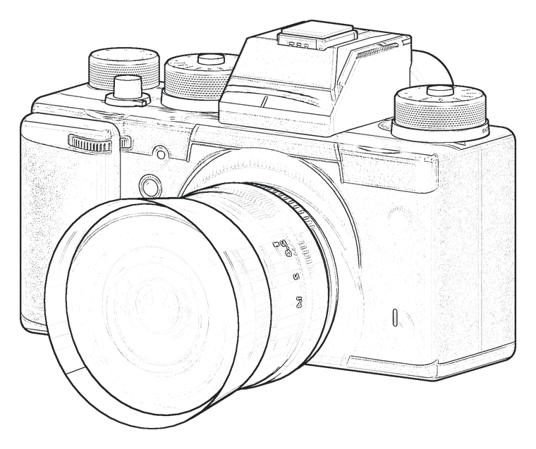 A pencil drawing of my X-T3 from the front: its dials, the viewfinder's hump, the lens and its hood.