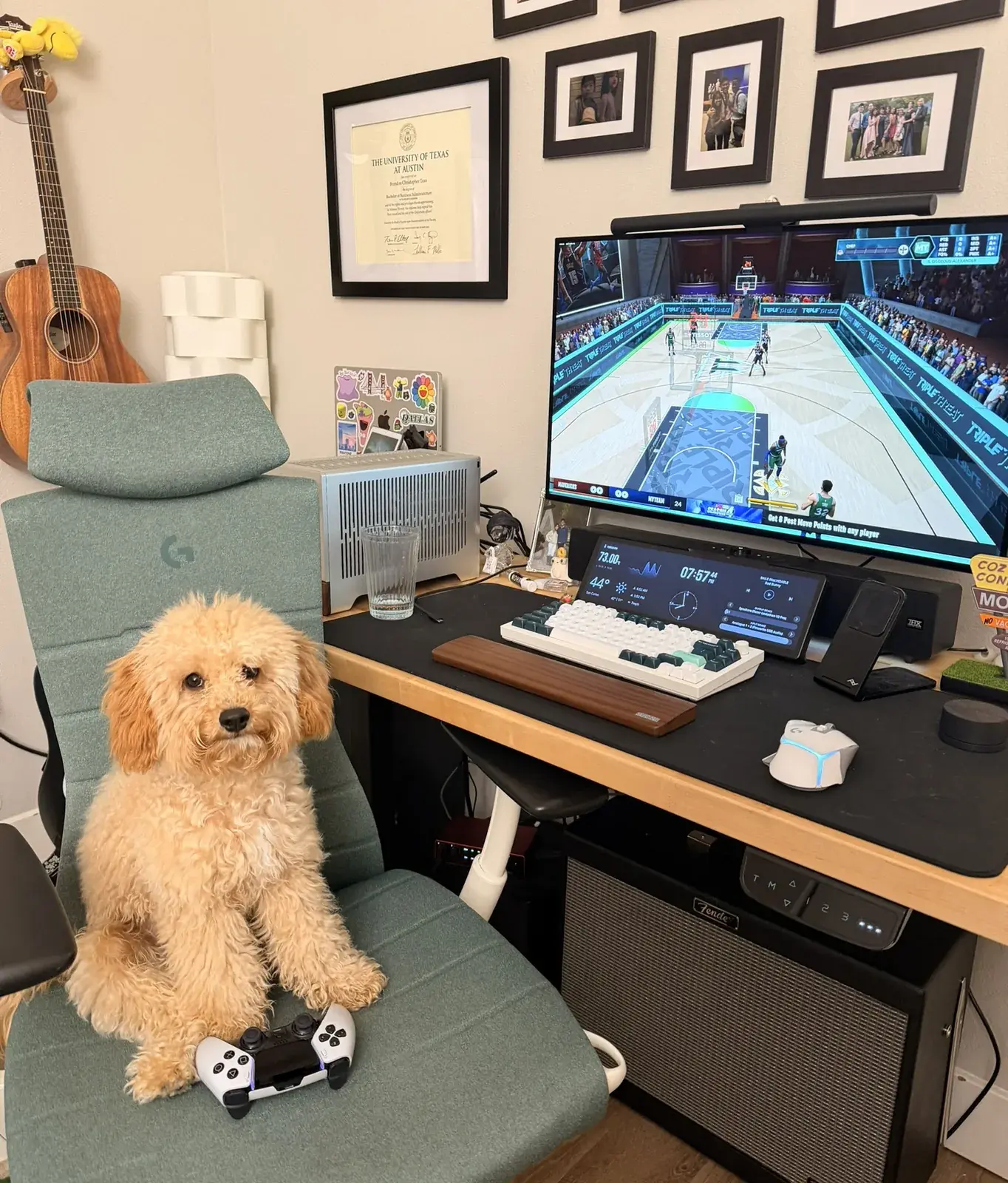 Winnie sitting on my green Embody at my desk with a game controller, the game up on the monitor behind him.