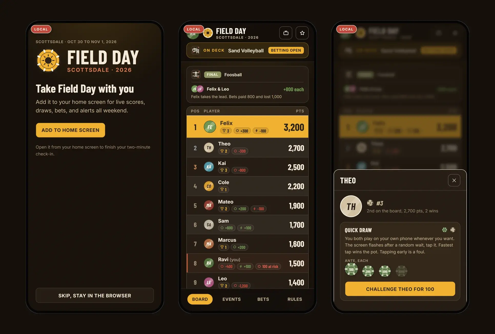 Three phones from July 28: the add-to-home-screen step of check-in, the board in dark brown and gold, and a player card with a Quick Draw challenge.