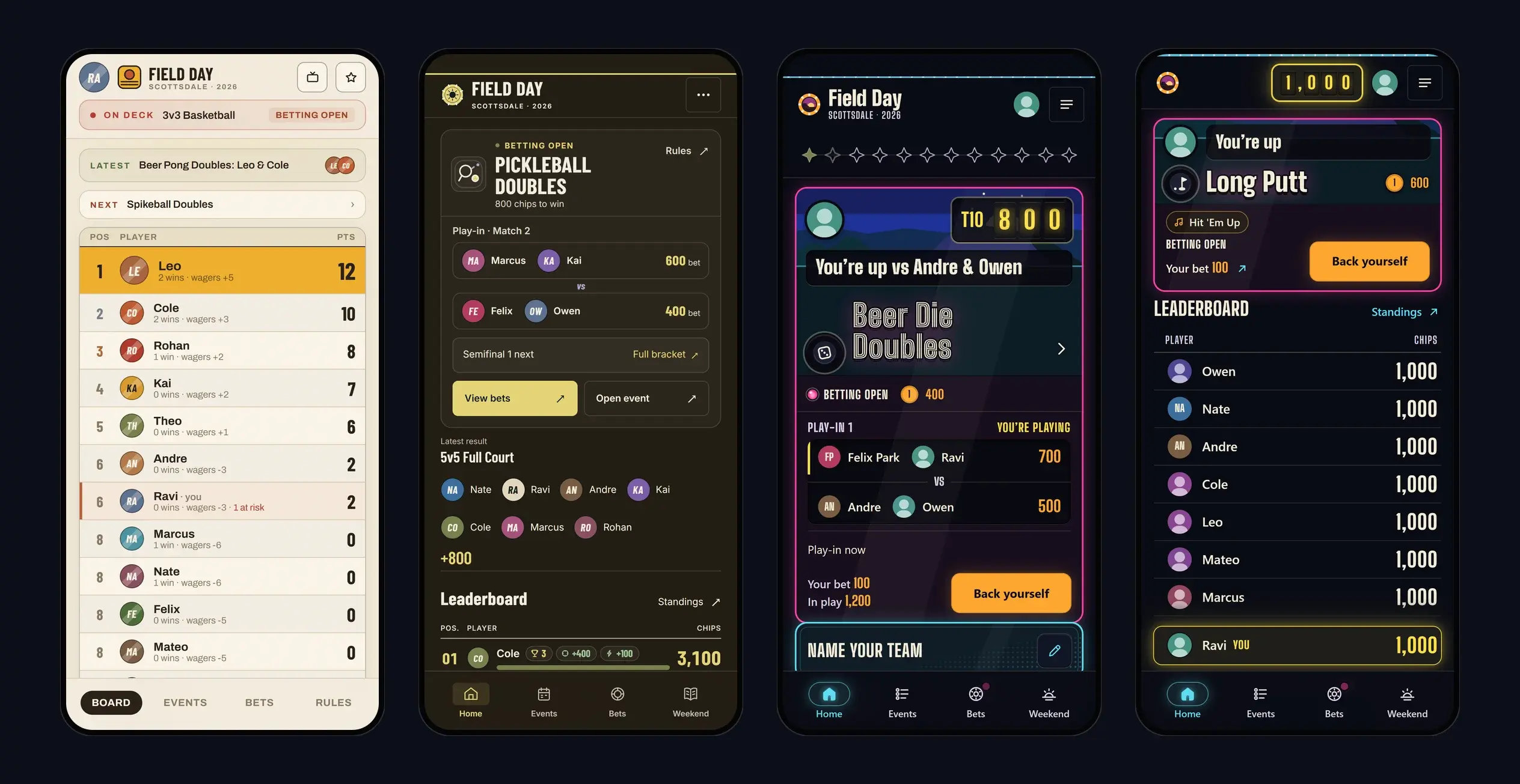 Four versions of the home screen side by side: light cream on July 19, dark brown and gold on September 30, the first blue-black backglass on October 3, and today's, with lit chips.