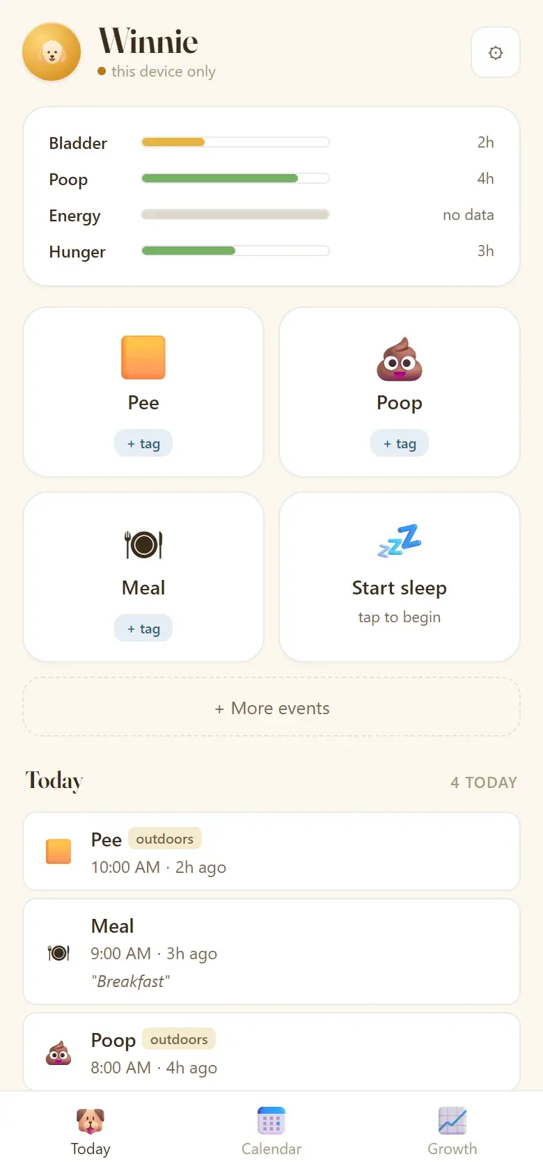 The May 2026 version: a cream screen with Sims-style bars for bladder, poop, energy and hunger above four big log buttons.