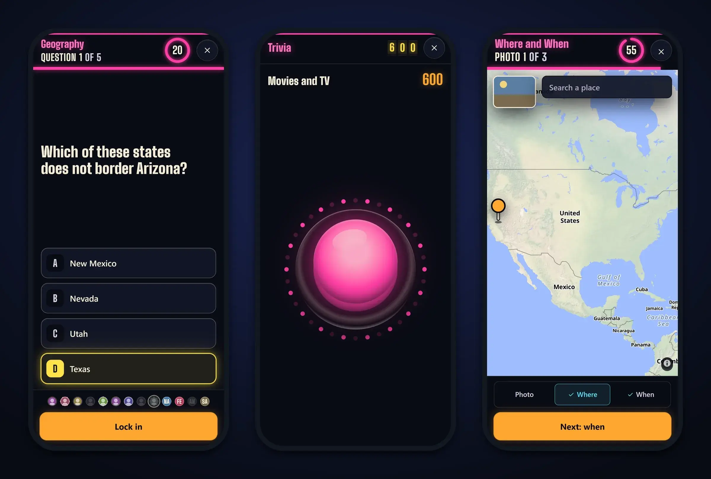 Phones during games: a geography question, the buzzer, and dropping a pin for Where and When.