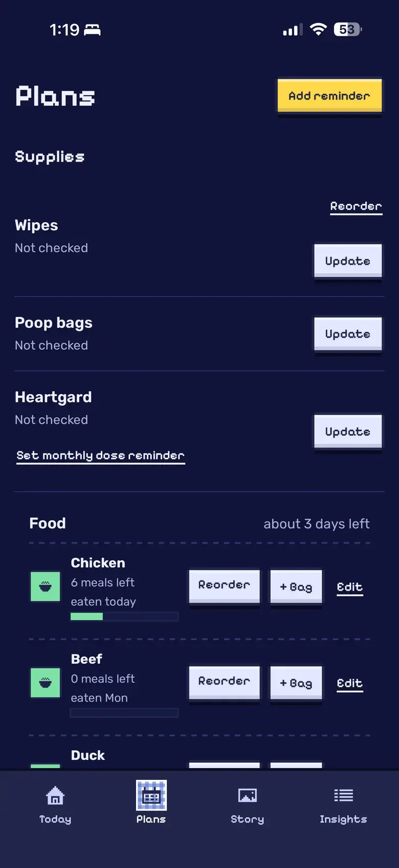 The Plans screen: supplies with stock checks, and food with about three days left.