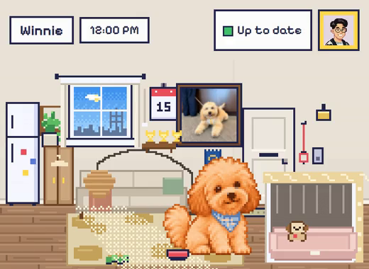 Winnie's pixel room in the app, with Winnie in his blue bandanna.