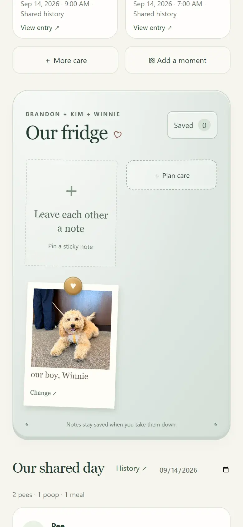 The September 2026 version: a shared fridge with sticky notes and a polaroid of Winnie.