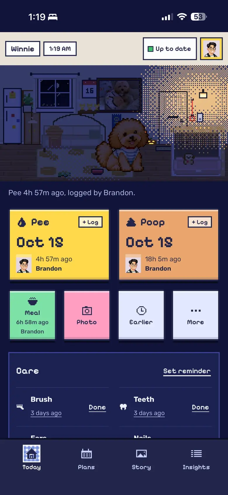Today in the current app: pixel Winnie at night in his striped shirt in the living room, with Pee and Poop cards below.
