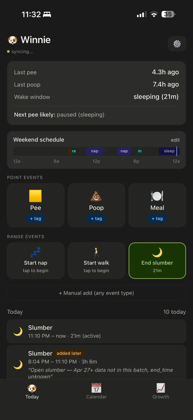 The first version's Today screen: dark, with last pee and poop times, a wake window, a schedule bar and log buttons.